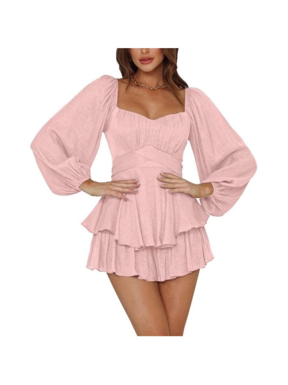 NEW Lantern Long Sleeve Ruffle Layer Tie Mini Short Romper S